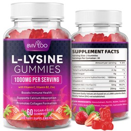 BVIVLOO L-Lysine 1000mg Gummies for Immune Support & Skin Health - High Potency Vegan Gummies, Sugar-Free, Natural Berry Flavor, Gluten-Free Chewable Supplement for Adults & Kids - 60 Gummiess