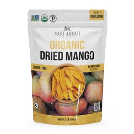 Just About Foods Organic Dried Mango, No Sugar Added, No Preservatives, Soft and Chewy, Healthy Snack, Gluten-free, Non-GMO, Paleo & Kosher Certified, 1 LB, Single Ingredient