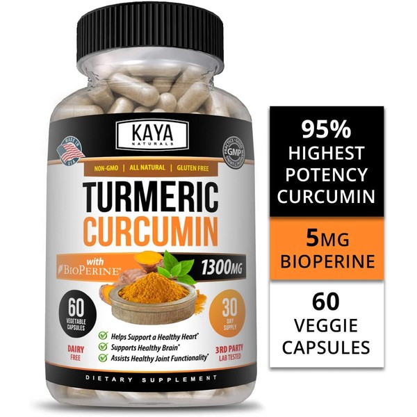 Kaya Naturals Turmeric Platinum, 60 Count Capsules, Bioperine, Premium Pain Relief & Joint Support with 95% Standardized Curcuminoids (60 Capsules)