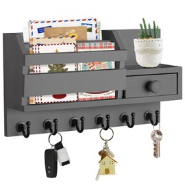 VIS'V Key Holder Wall Mount, Wooden Mail and Key Organizer with Drawer and Shelf, 2 Slots, 6 Hooks, Grey