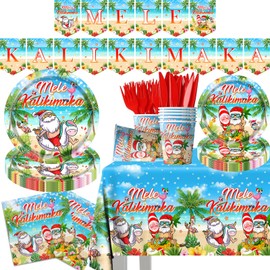Mele Kalikimaka Decoration-142pcs Hawaii Christmas Tableware Set Include Mele Plates Cups Tropical Tablecloth for Summer Hawaiian Party Supplies