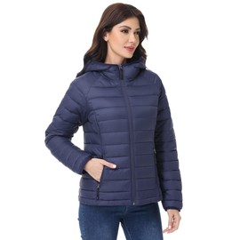 SLOW DOWN Women Lightweight Puffer Jacket, Women Hooded Packable Winter Jacket(Navy,XL)