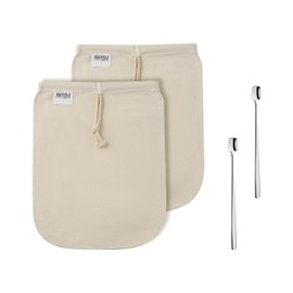 BIMYJ Cold Brew Coffee Bags Reusable - Toddy Cold Brew Filter Bags & Reusable Cold Brew Bags with Cold Brew Strainer - Silky Organic Cotton Duo Pack + 2 Gleaming Stirring Spoons