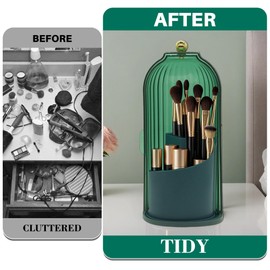 PSUNEY Makeup Brush Holder with Lid Cosmetic Tools Organizer 360 Rotating Waterproof Dustproof Make Up Brushes Storage for Vanity Bathroom Countertop