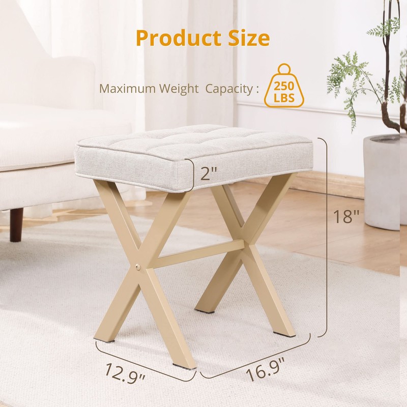 LUE BONA Square Linen Makeup Stool, Metal X Legs, Small