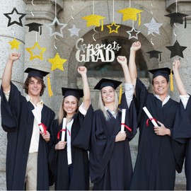 MARFOREVER 48 Pcs Graduation Party Decorations Glitter Black Gold Silver Set, Graduation Hat and Stars Hanging Swirl Ceiling for 2025 High School College Classroom Party Supplies