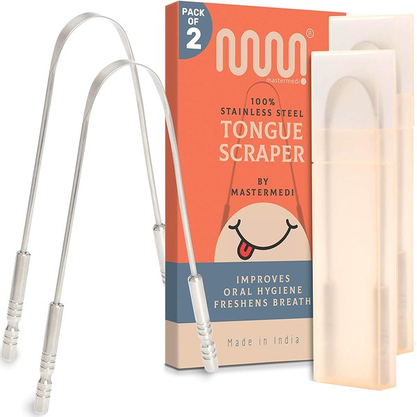 2 Pack Tongue Scraper with Travel Case, Bad Breath Treatment for Adults & Kids, Medical Grade 100% Stainless Steel Tounge Scraper Cleaner for Oral Care, Easy to Use Tongue Brush Alternate for Hygiene