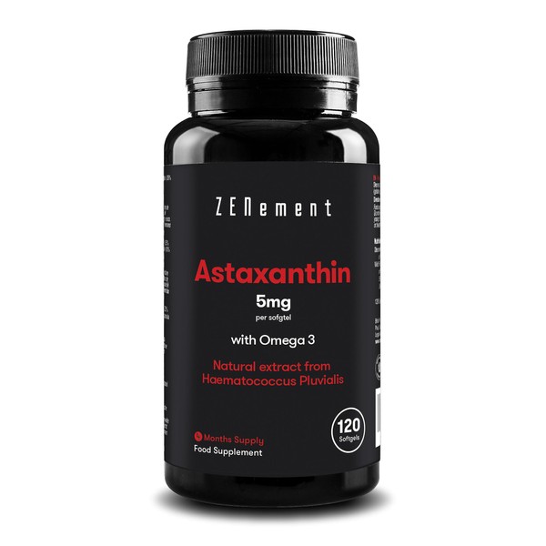 Astaxanthin, 5 mg with Omega 3, 120 Soft Capsules, Natural Source, Strong Antioxidant, Laboratory Tested, 100% Natural Ingredients, No Additives, Soy Free Zenement