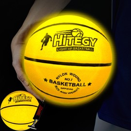 HITEGY Glow in The Dark Basketball - Water-Resistant, Size 7, Impact Activated, Includes Pump, Manual, Pre-Installed Batteries & 10 Extra Batteries - Light Up Basketball - Yellow