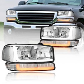 Fullux LED DRL Headlights Assembly Compatible with 1999-2007 GMC Sierra/2000-2006 Yukon XL 1500 2500 Replacements Clear Reflector Black Housing