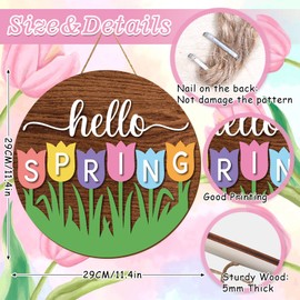 Whaline Hello Spring Wooden Hanging Sign Rustic Tulip Flower Front Door Hanger Sign Farmhouse Floral Wood Welcome Sign for Indoor Outdoor Home Porch Window Decor