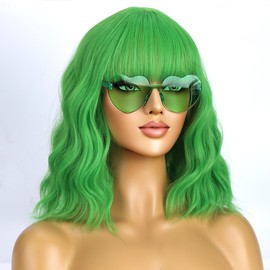 WTHCOS Lime Green Wigs for Women Girls Short Bob Wig Short Curly Wavy Green Wig With Bangs Heat Resistant Synthetic Wigs for Cosplay Costume Party with A Heart Shape Rimless Sunglasses