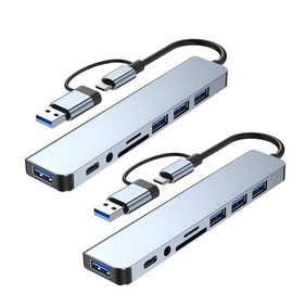 2pcs Dual Head Docking Station, 8 in 1 USB Hub, USB C&A Adapter with 4 USB Ports, SD/TF Card Reader, 3.5mm Headphone Jack, USB C Data Port for Laptop/XPS/Tablet/Smartphones and More
