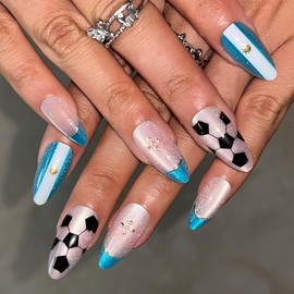 24 Uñas Postizas de Argentina para la Copa Mundial - Ojo de Gato Azul | Uñas Postizas Medianas Almendradas con Punta Francesa y Diseños de Fútbol. Reu