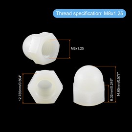 sourcing map M8x1.25 Acorn Cap Nuts, 100Pcs Nylon Dome Cap Head Acorn Nut Hardware Nuts for Bolt Cover, White