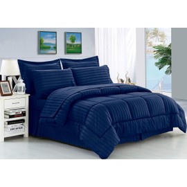 Elegance Linen Wrinkle Resistant - Luxury Silky Soft Dobby Stripe Bed-in-a-Bag 8-Piece Comforter Set, King Navy Blue