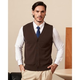 Kallspin Men’s Button Down Sweater Vest Lightweight Knitted Pure Cotton V-Neck Sleeveless Cardigans(Brown, L)