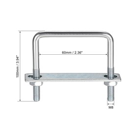 sourcing map Square U-Bolts 2-3/8"(60mm) Inner Width 100mm Length Carbon Steel M8 with Nuts, Frame Plate, Round Washers