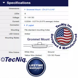 TecNiq 2pk Amber 4" Round Flashing Strobe Warning Grommet Mount LED Lights