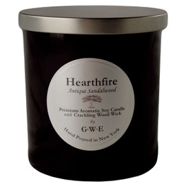 Hearthfire by GWE - Sandalwood Scented Natural Soy Candle Infused w/Natural Oils w/Soft Crackling Wood Wick- Dark Sweet Creamy Scent Aromatherapy - Hand Poured in The USA in Glossy Black Jar w/ Lid