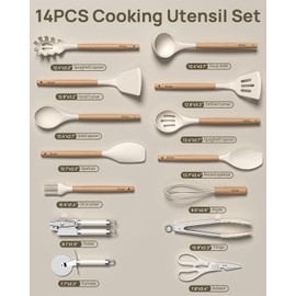 Otirilo Cooking Utensil Set, Silicone Kitchen Utensils Set 14Pcs, 446°F Heat Resistance Non-Stick Cooking Tools Spatula Set with Wooden Handle,Kitchen Utensil Gadgets Tools Set for Cookware