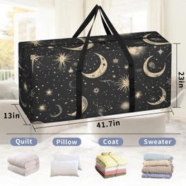 Packing Bags for Moving, Extra Large Moving Bags Heavy Duty, 205L Storage Bags with Zipper, Storage Totes Moving Supplies, Duffle Bag Waterproof Storage Containers for Organizing Moon & Stars Black