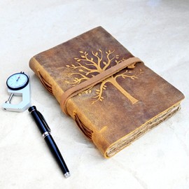Vintage Leather Journal Tree of Life - Leather Bound Journals - Old Deckle Edge Paper Sketchbook or Watercolor Journal for Women Men - Book of Shadows Grimoire (A4) by Modest Goods