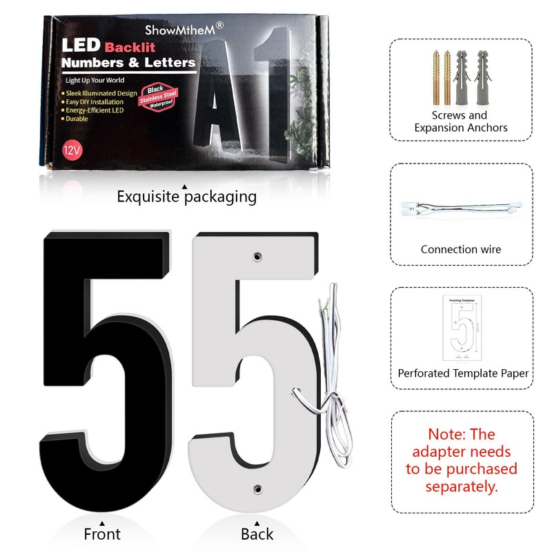 5 Inch Black Backlit House Numbers for Outside (Adapter Not