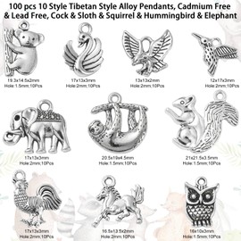 DanLingJewelry 100 pcs 10 Styles Tibetan Style Animal Theme Alloy Charms Pendant Hummingbird Squirrel Sloth Koala Eagle Swan Charms for Jewelry Making