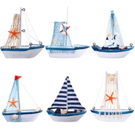 WINOMO 6Pcs Wooden Miniature Sailing Boat Mediterranean Style Miniature Mini Sailboat Model Fishing Boat Ornament for Home Nautical Decor (Colorful)