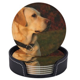 Niukom 6 Pcs Golden Lab Labrador Retriever Family Loyal Hunting Dog Leather Coasters for Drinks with Holder Coaster Sets Drink Table Cup Coasters for Living Room Kitchen Coffee Decor
