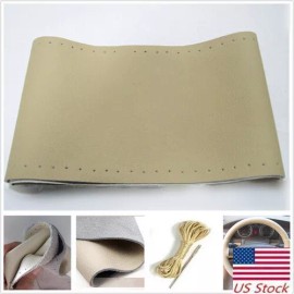 SHENKENUO 15" Steering Wheel Cover Genuine Leather Beige For Chevy Silverado 1500 2500 HD