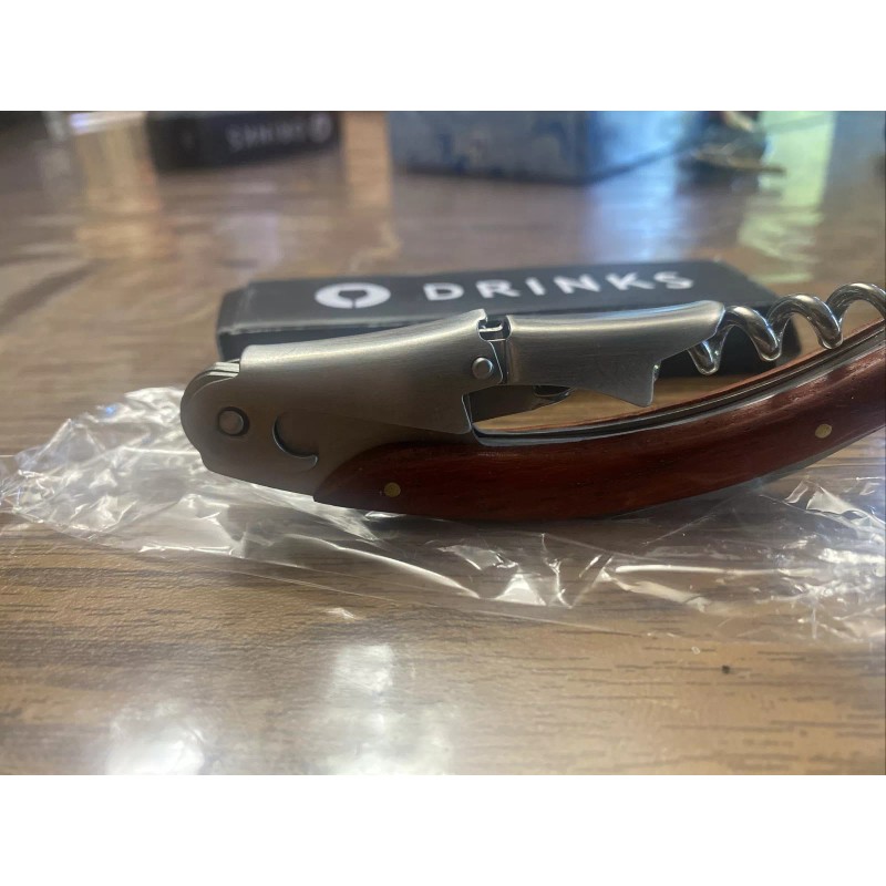 DRINKS Corkscrew Wine Bottle Opener Waiters Key Wood Double Hinged
