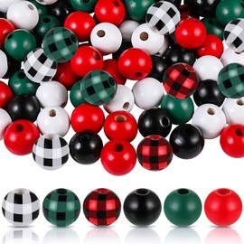200 Pieces Christmas Wooden Beads for Crafts Xmas Red Buffalo Plaid Colorful Wood Spacer Beads Rustic Farmhouse Wooden Beads for DIY Crafts Garland Home Decor
