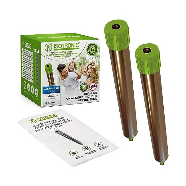 ISOTRONICÂ® Mole Scarer, Effective Vibrasonic Deterrent against Mole, Mouse, Rat Ant, Vole, Snake - High Frequency Outdoor Repeller - Pack of 2 Pcs.