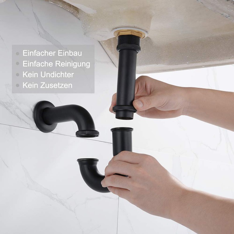 Siphon Black Matt for Washbasins and Washbasins, Keymark Brass Pipe