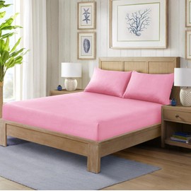 CHARKHAH Polycotton Fitted Sheet for Single Double King Super King Bed 200 Thread Count Anti Wrinkle Plain Bedding 25 cm Extra Deep Fitted Sheets Cover with Elastic Edges (Baby-Pink, Single)