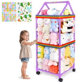 FIOBEE Stuffed Animals Storage Zoo With Wheels 360 Degree Movable Plushies Toy Storage Organizer Large Stuffed Animal Holder Cage With DIY Stickers for Nursery Play Room Kids Room Organization, Purple