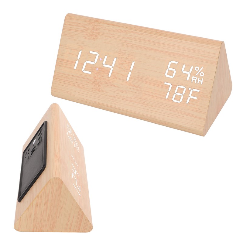 Triangular Digital Wooden Clock Time Date Temperature Humidity Display Alarm