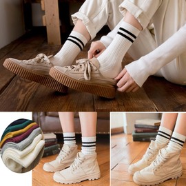 5 Pairs Fashion Striped Athletic Socks,Casual Cute Vintage Crew Socks,All Season Socks for Women Girls, Style a - Multicolor 2, One size