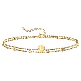 Jewlure | Women's Yellow Gold Initial Bracelet, Exquisite 14K Gold Plated Layered Bracelet, 26 Letter Round Piece Hand Jewelry, Gift for Women (L)