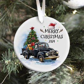 Christmas Ornament 2024 Black Truck Ornaments Decorations, Farmhouse Christmas Round Ornament Ceramic for Xmas Tree Hanging Decoration, Vintage Black Truck Christmas Decor