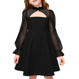 Haloumoning Girls Dresses Contrast Mesh Puff Long Sleeve Dress Kids High Waist A Line Wedding Party Dress 5-14Y Black