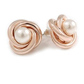 17mm D/Polished Rose Gold Tone Knot with Faux Pearl Bead Stud Earrings