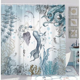 Mermaid Shower Curtain, Sea Ocean Octopus Coral Reef Fish Seashell Jellyfish Theme Waterproof Fabric Bathroom Curtains, Teal and Blue Sea Ocean Bathroom Shower Curtain with 12PCS Hooks, 36X70IN