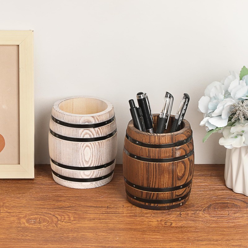Hoowen Rustic Wooden Pen Holders for Desk, Wine Barrel Funny