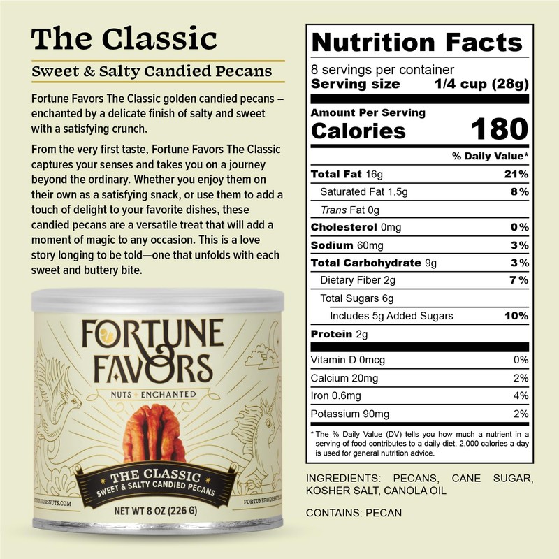 Fortune Favors Candied Pecans, Sweet and Salty Snack, Hand Crafted