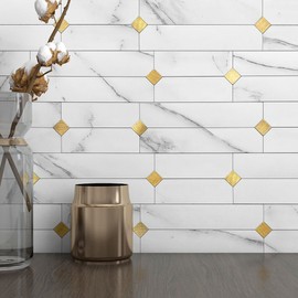 M MOFIT Stone Kitchen Backsplash Peel and Stick Tile Stickers Matte Linear Mosaic Wall Panels Bathroom Waterproof(10sheets,White Gold)