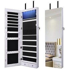 Mokata 47" H Jewelry Armoire Full Length Mirror Cabinet Storage Organizer w/ LED Light Wall-Mounted / Door-Hanging Lockable for Bedroom Makeups White