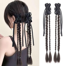 zaoalife 2 Pcs Braided Ponytail Extension, Black Bowknot Ponytail, Braid Ponytail Extension, Pony Tail Hairpiece, Double Ponytail Pony Tail for Women and Girls